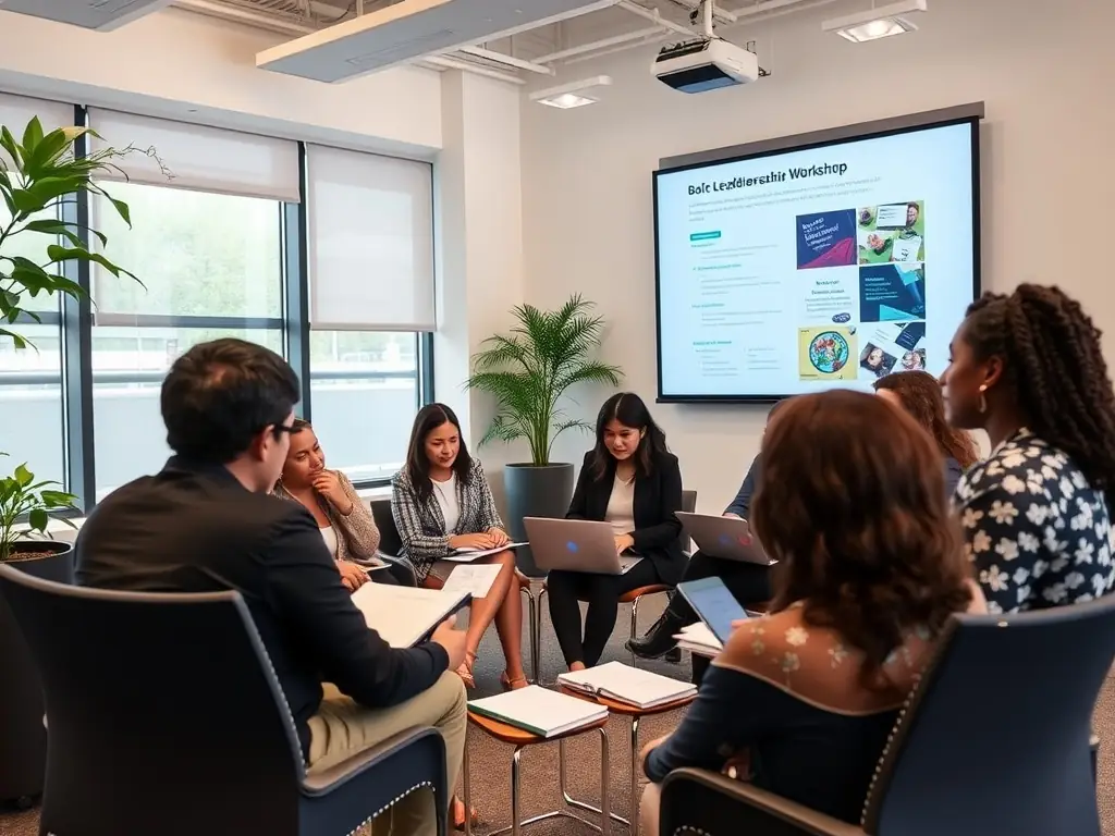 A diverse team of professionals participating in a leadership workshop, engaging in team-building activities and discussions.