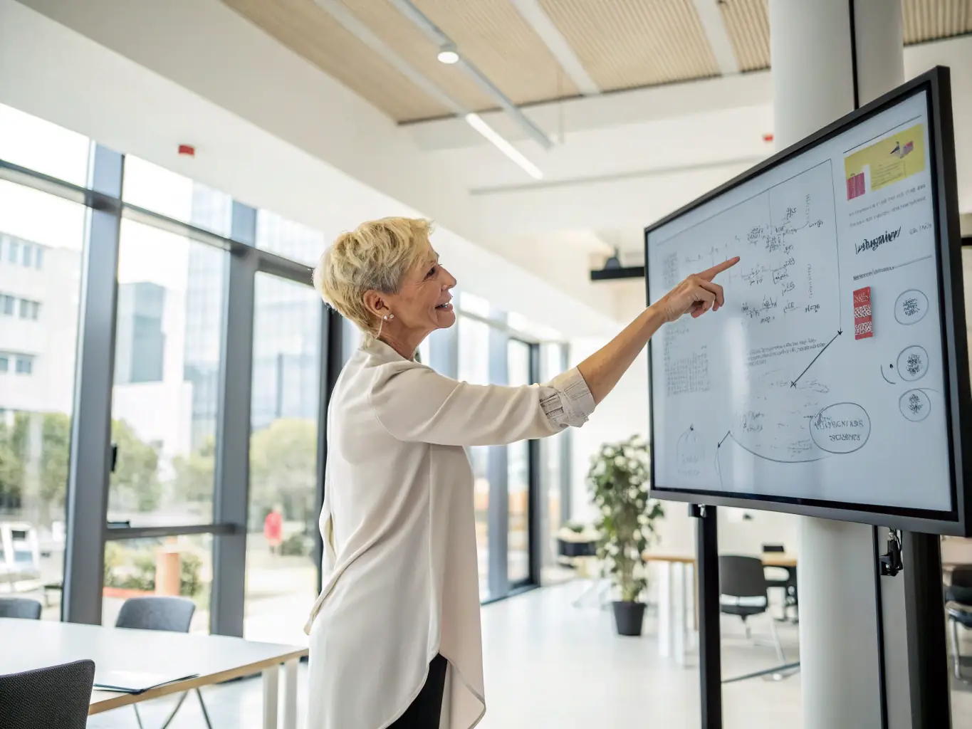 A professional business coach in a modern office setting, guiding a team through a strategic planning session, with London skyline visible in the background.