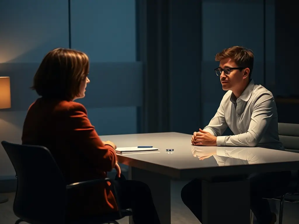 A professional coach and executive engaged in a private coaching session in a modern office setting, with a focus on trust and collaboration.