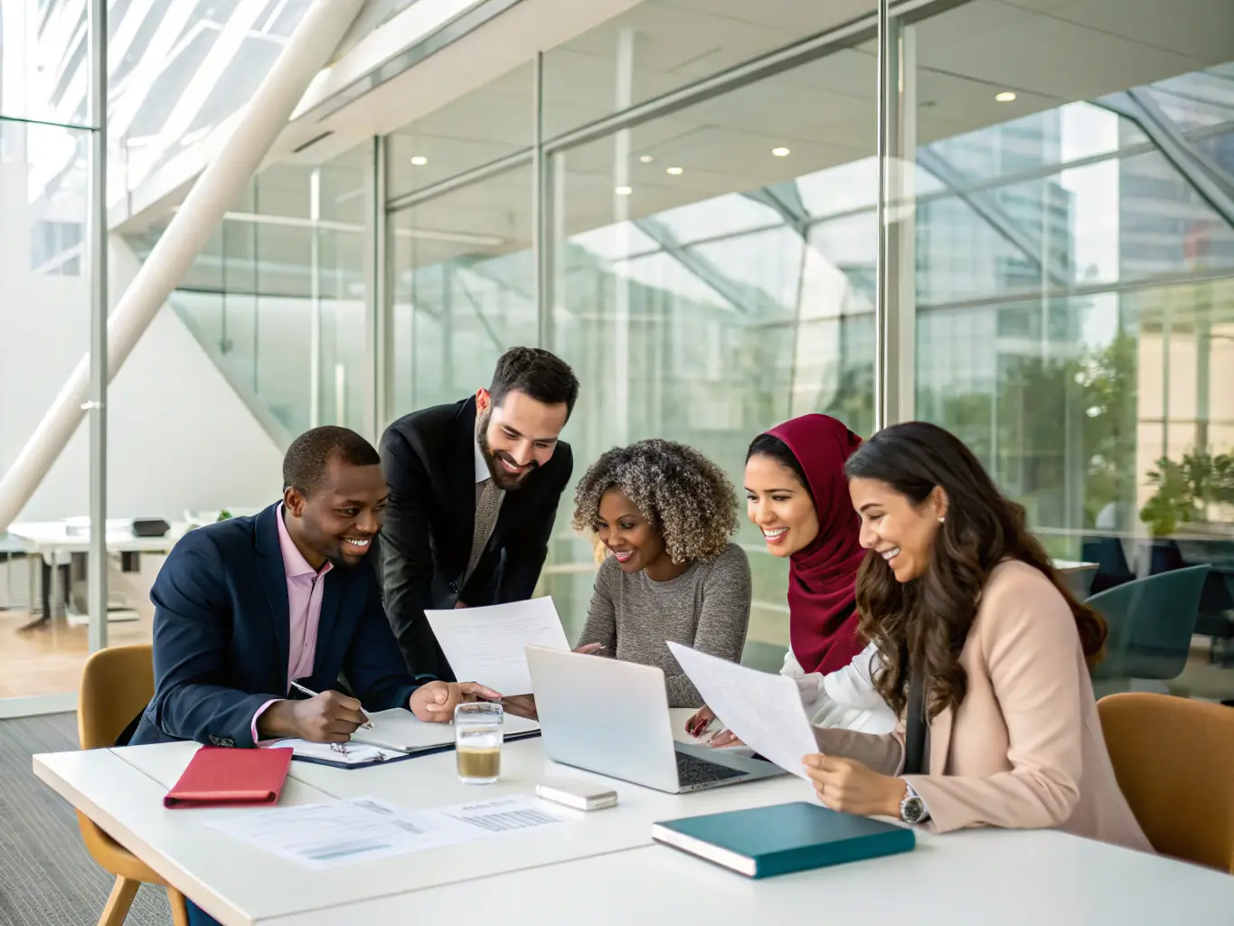 A diverse team of UK business professionals collaborating in a modern office, symbolizing the tailored solutions provided by ukleader.site.