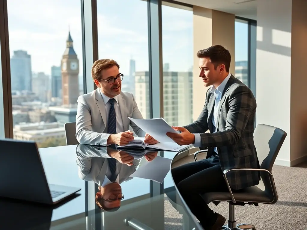 An image of a professional coaching session with a UK-based business leader engaging in strategic discussion, set in a modern office in London, with the London skyline visible through the window.