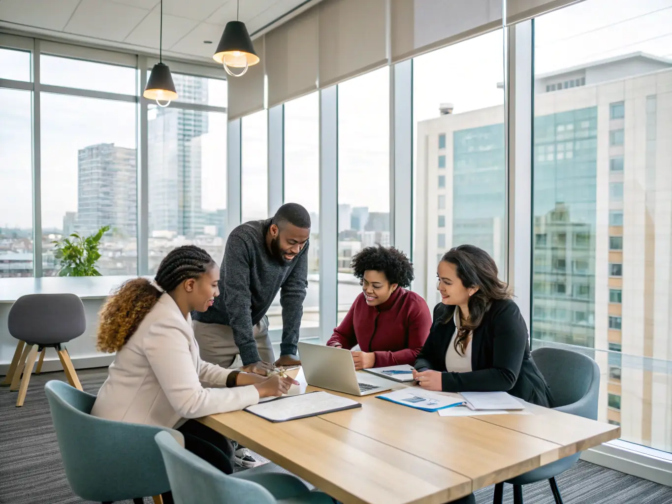 A diverse team of UK professionals participating in a team-building workshop, facilitated by a business coach, focusing on collaboration and communication skills.